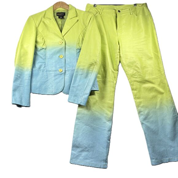 Metrostyle Women Vintage 90s Leather Suit Pants Jacket Ombre Lime Aqua Size 12 - Picture 1 of 12